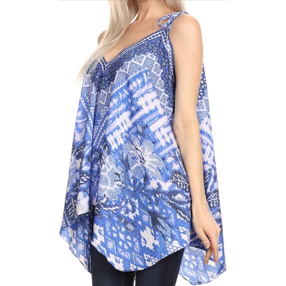 Sakkas Nasreen Sleeveless Printed V-Neck Trapeze Tank Adjustable Straps - Blue - Picture 3 of 8